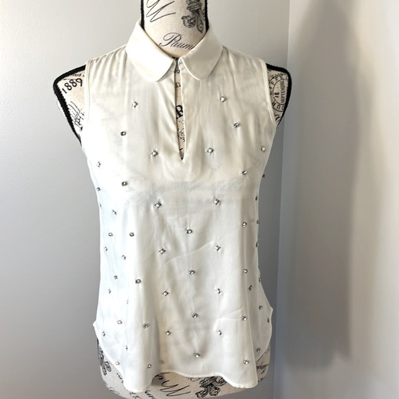 ANN TAYLOR PETITE XSP • IVORY SLEEVELESS BLOUSE • FAUX PEARLS and CRYSTALS - Picture 1 of 9